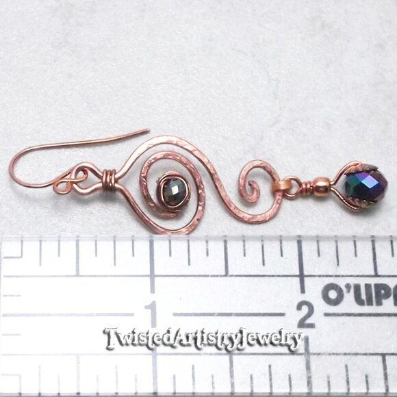 Hammered Copper Double Swirls with Rainbow Crystals Earrings - Picture 3 of 3